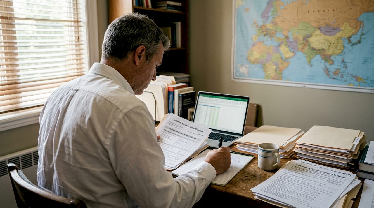 Un conseiller examine des dossiers fiscaux internationaux dans son bureau à domicile.