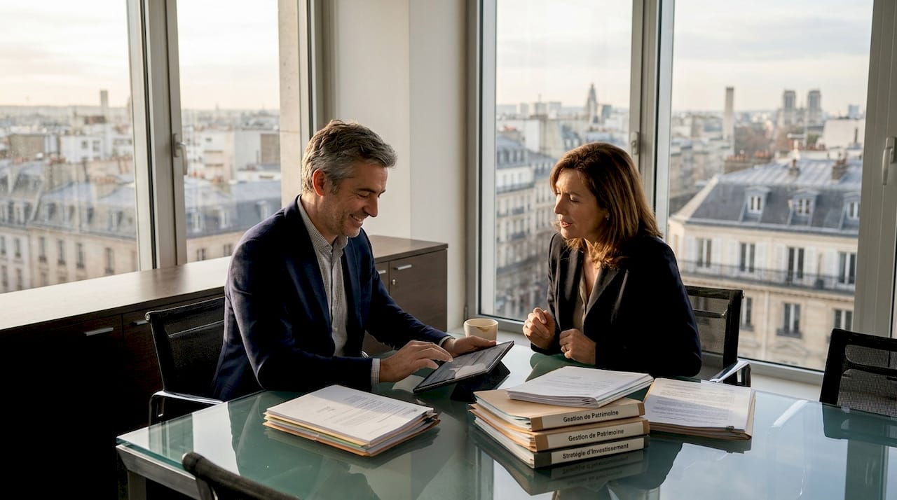 Un conseiller en gestion de patrimoine reçoit son client pour un entretien personnalisé dans son cabinet.