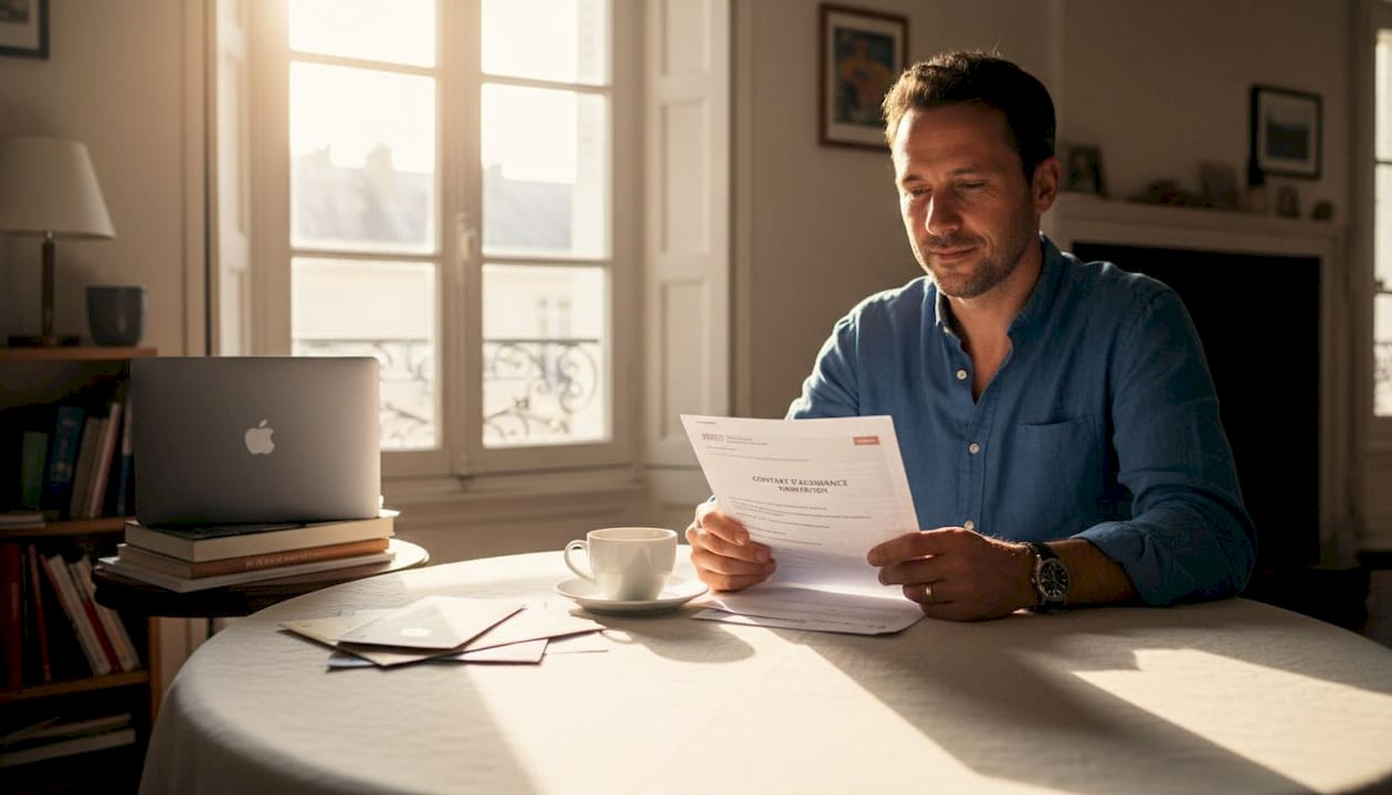 Un expatrié passe en revue ses documents d’assurance vie, installé à la table de la cuisine, dans le cadre de l'assurance vie luxembourgeoise