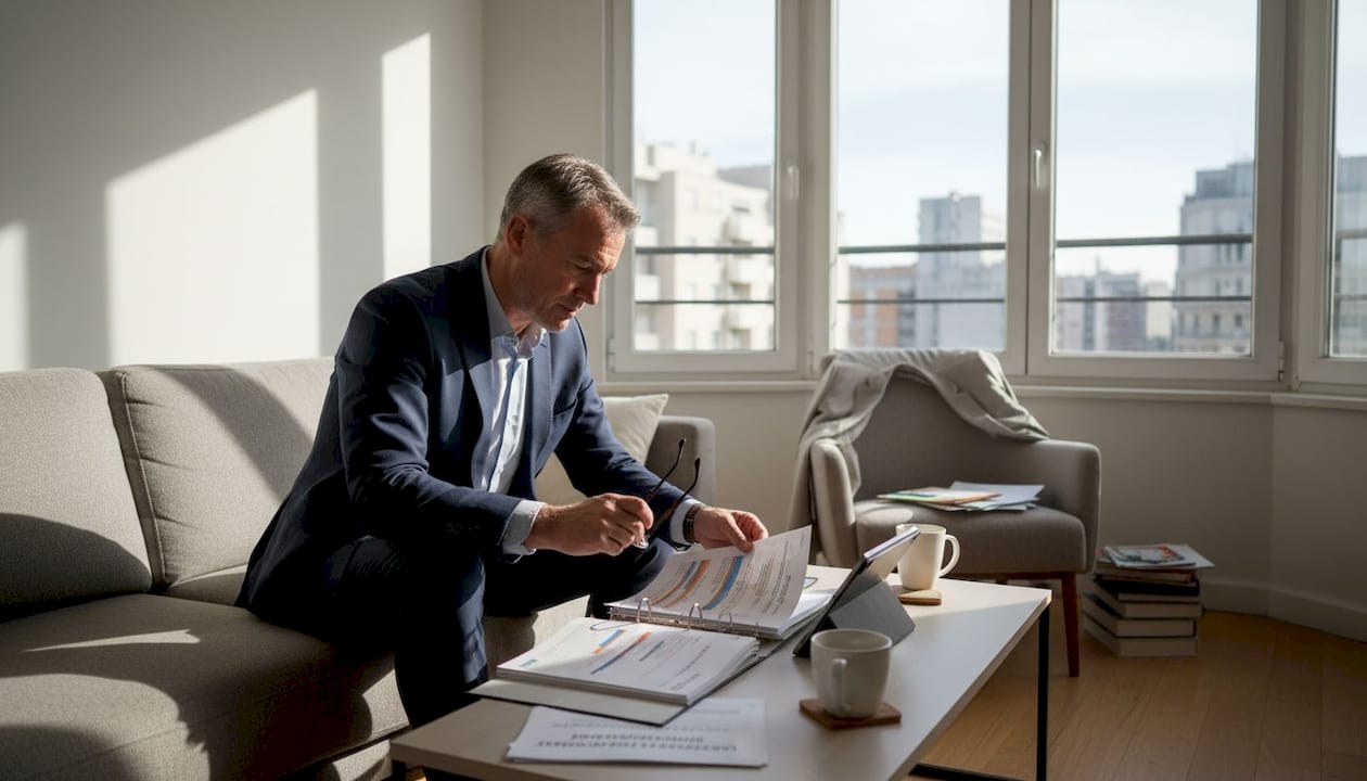 Un homme d'affaires passe en revue ses dossiers, confortablement installé dans le salon d'un hôtel chic en centre-ville.