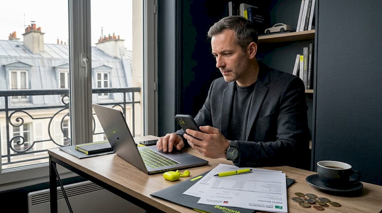 Un chef d’entreprise supervise la gestion des devises étrangères depuis son bureau au cœur de Paris.