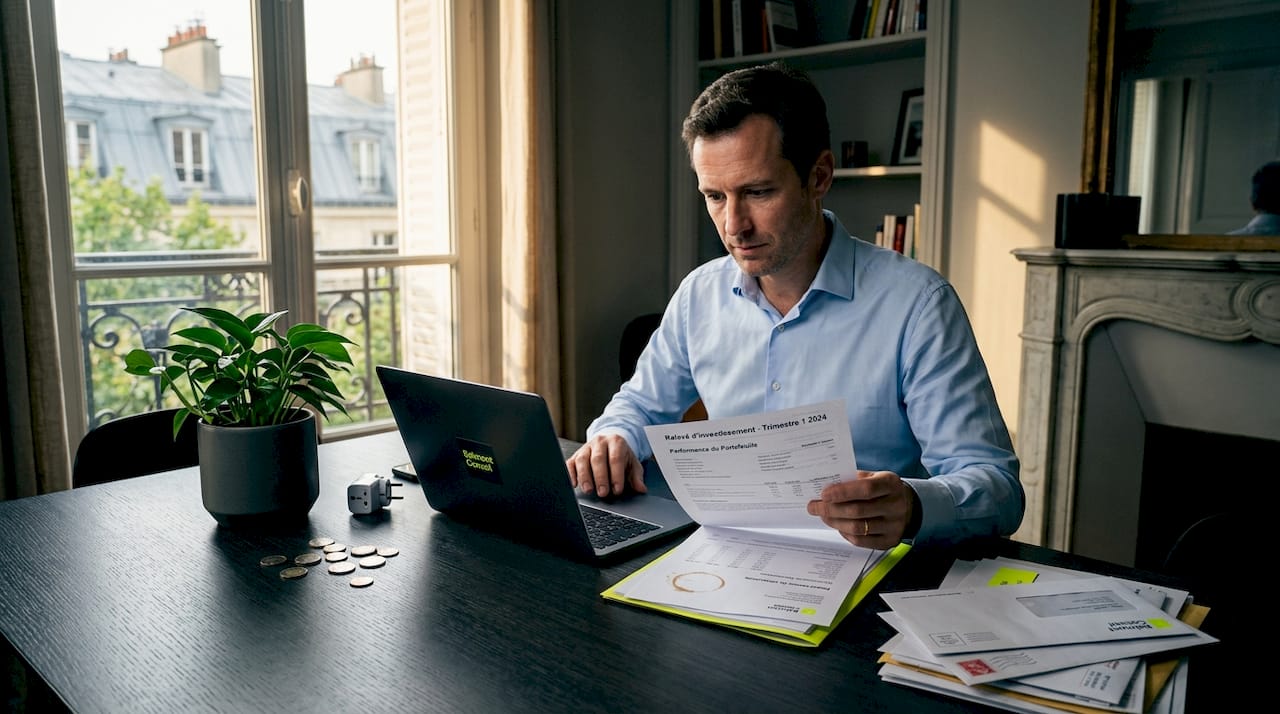 Installé à sa table, un expatrié fait le point sur ses finances personnelles.