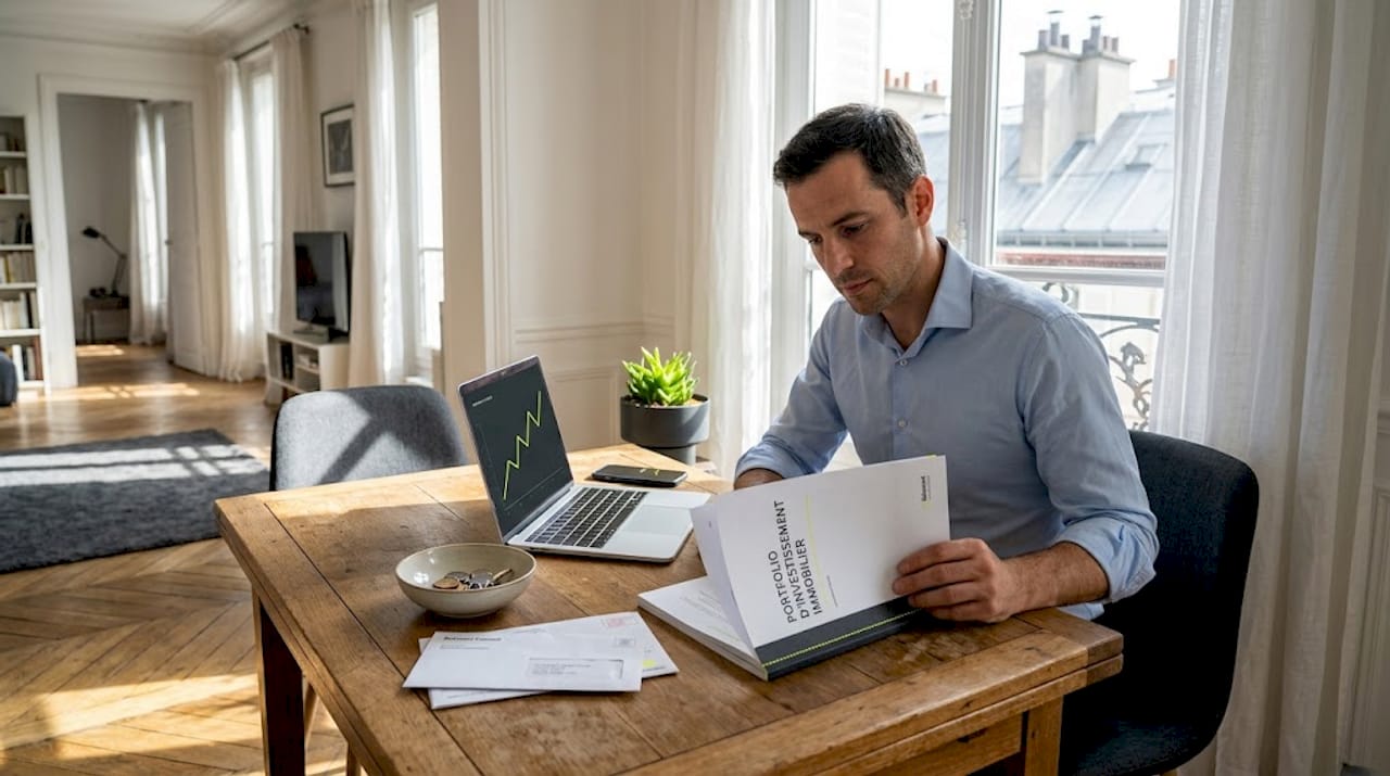 Un homme installé à sa table de salle à manger passe en revue les documents liés à son investissement en SCPI.