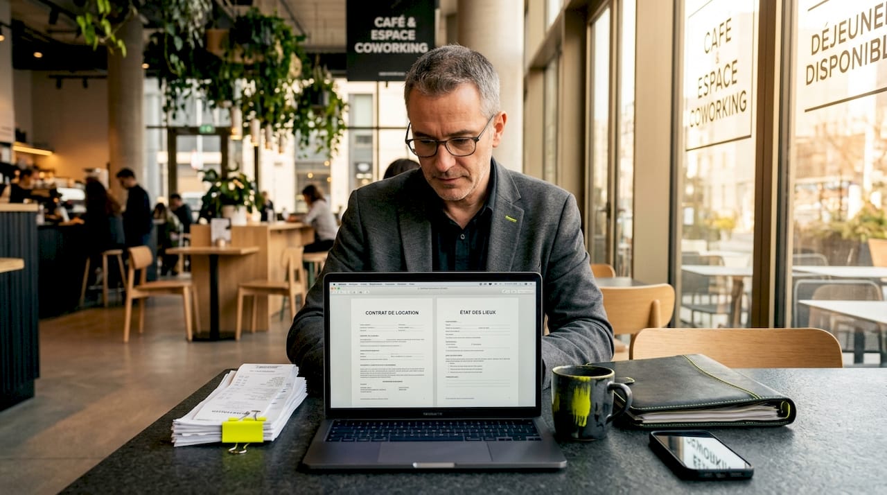Un expatrié en train de passer en revue ses documents LMNP à son bureau, chez lui.
