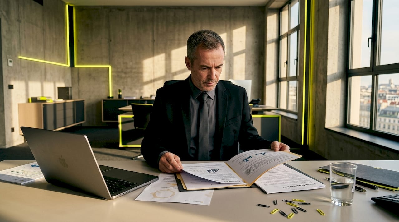 Un dirigeant d’entreprise examine des dossiers patrimoniaux dans son bureau.
