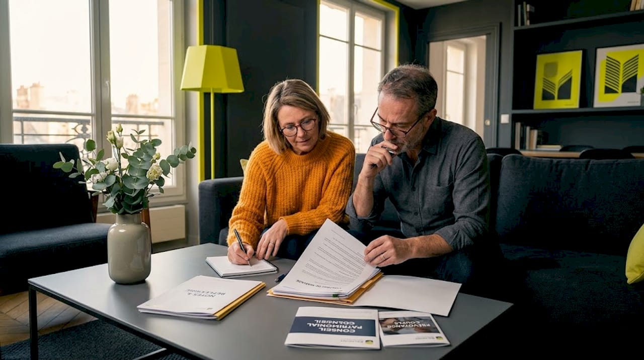 Un couple expatrié en train d’examiner ensemble les documents relatifs à leur contrat de mariage.