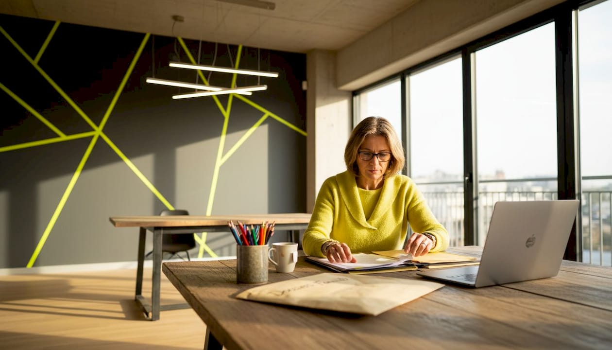 Installée à la table de la cuisine, une femme passe en revue ses papiers avec attention.