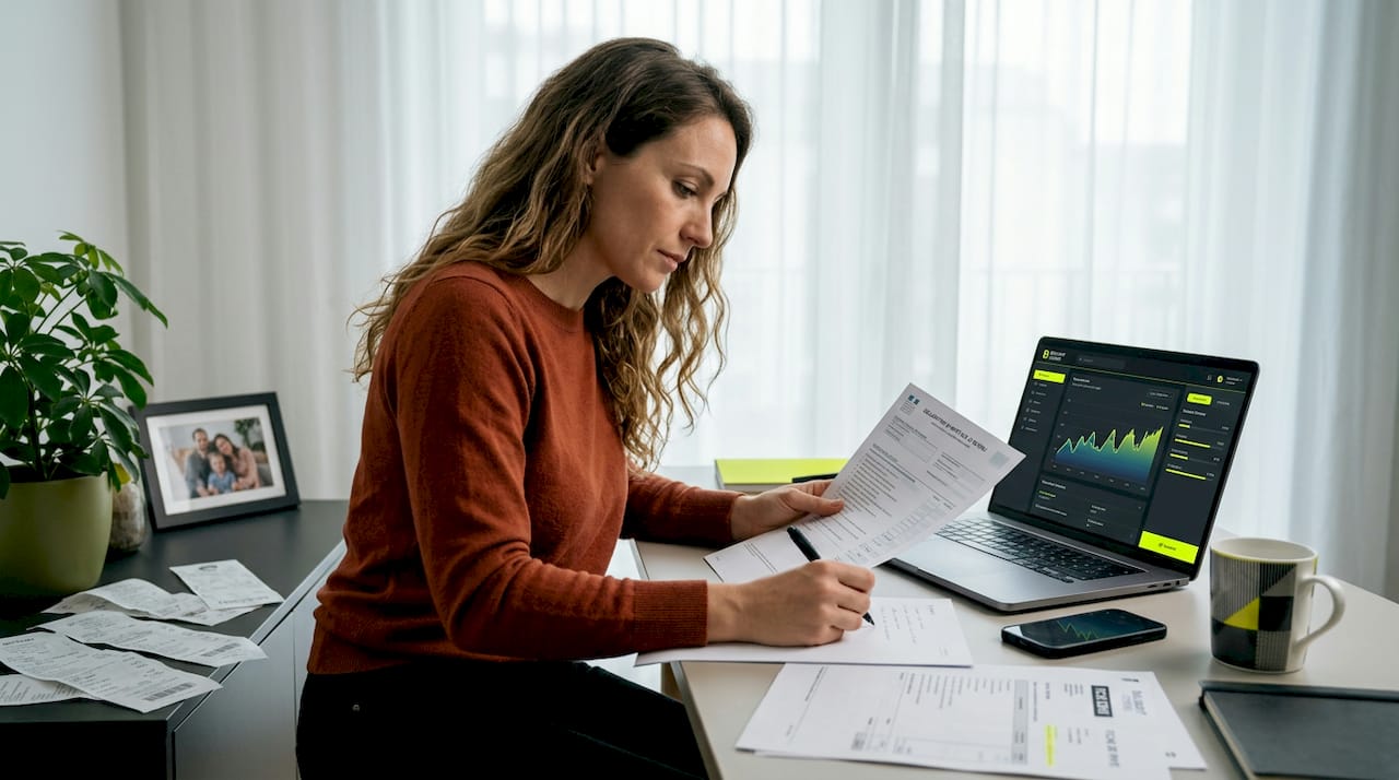 Un expatrié passe en revue ses documents fiscaux tranquillement installé chez lui.