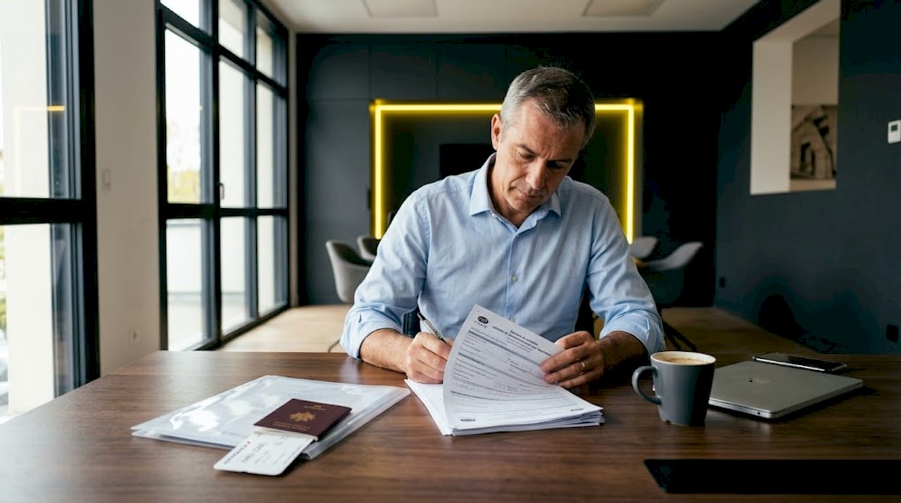 Un homme assis à son bureau passe en revue ses dossiers de retraite afin de vérifier que tout est en ordre pour sa demande.