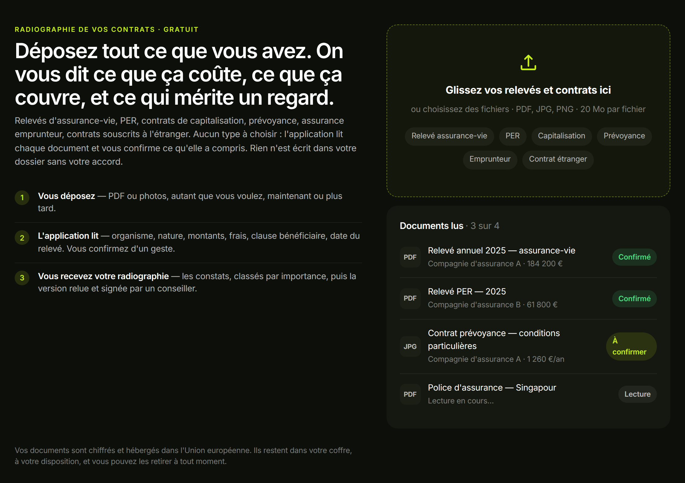 Le dépôt : glissez vos relevés et contrats, l'application les lit — données fictives