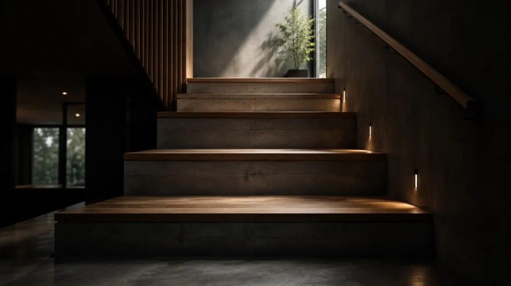 Escalier sombre en pierre éclairé par une lumière naturelle