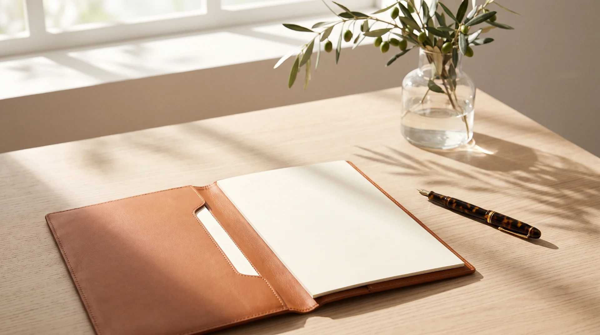 Dossier en cuir, stylo et branche d'olivier sur un bureau