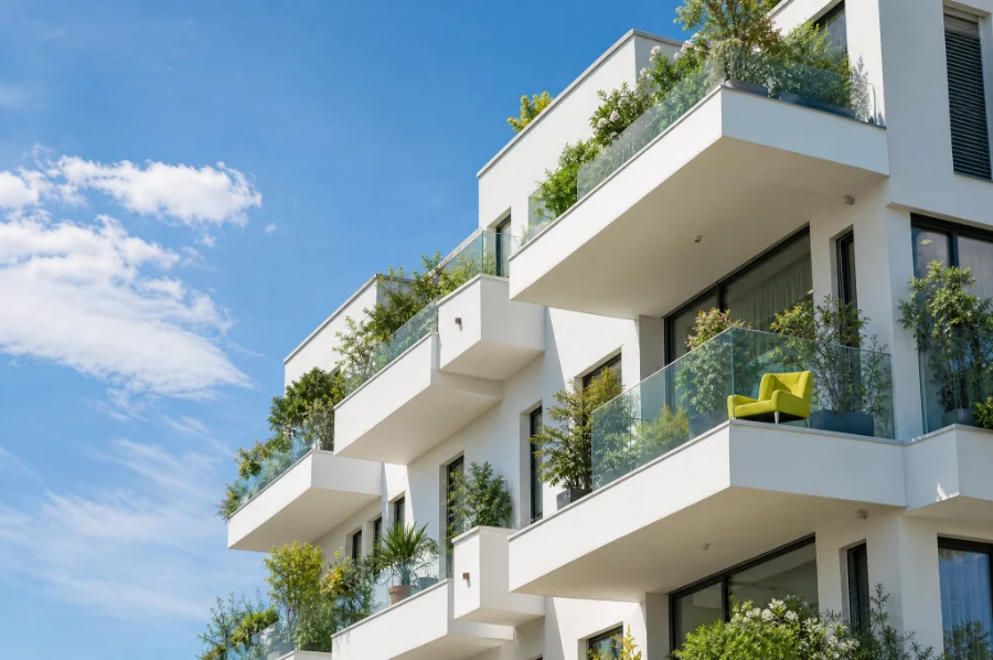 Un immeuble blanc planté de végétation, fauteuil vert au premier plan : défiscalisation immobilière