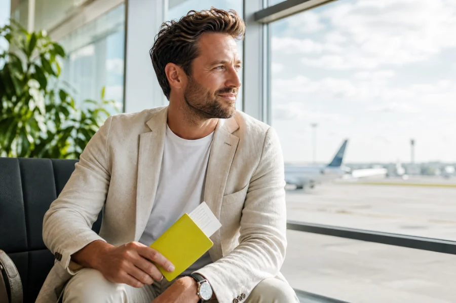 Une voyageuse dans un salon d’aéroport lumineux : préparer son expatriation