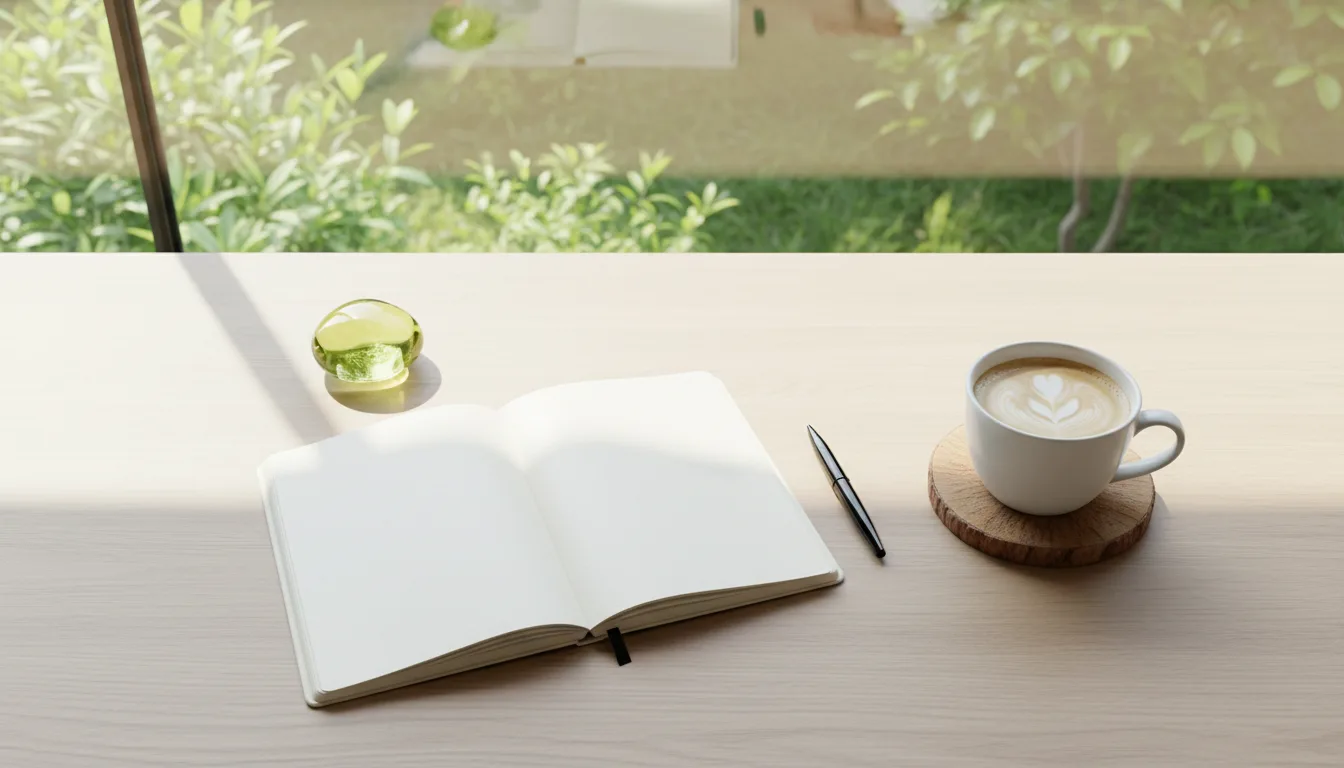 Carnet ouvert, stylo et tasse de café