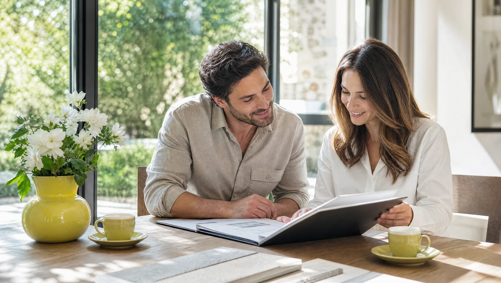 Couple travaillant ensemble autour d'une table