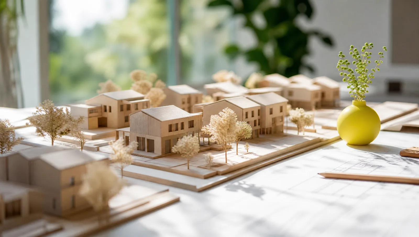 Maquettes de maisons sur une table de travail