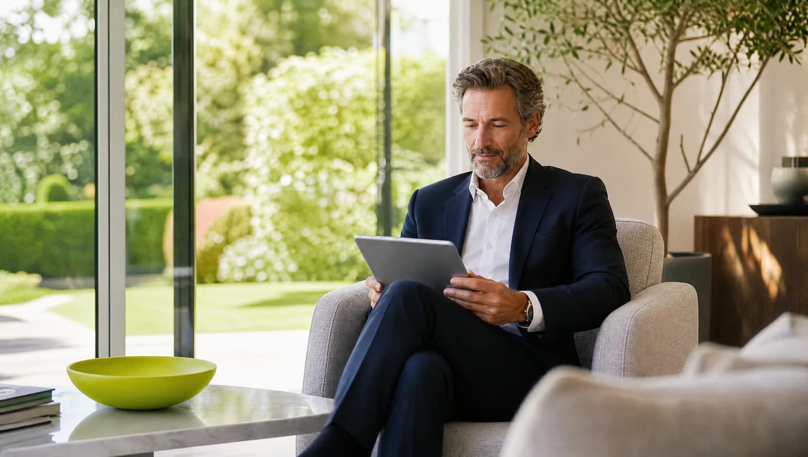 Homme avec une tablette dans un jardin