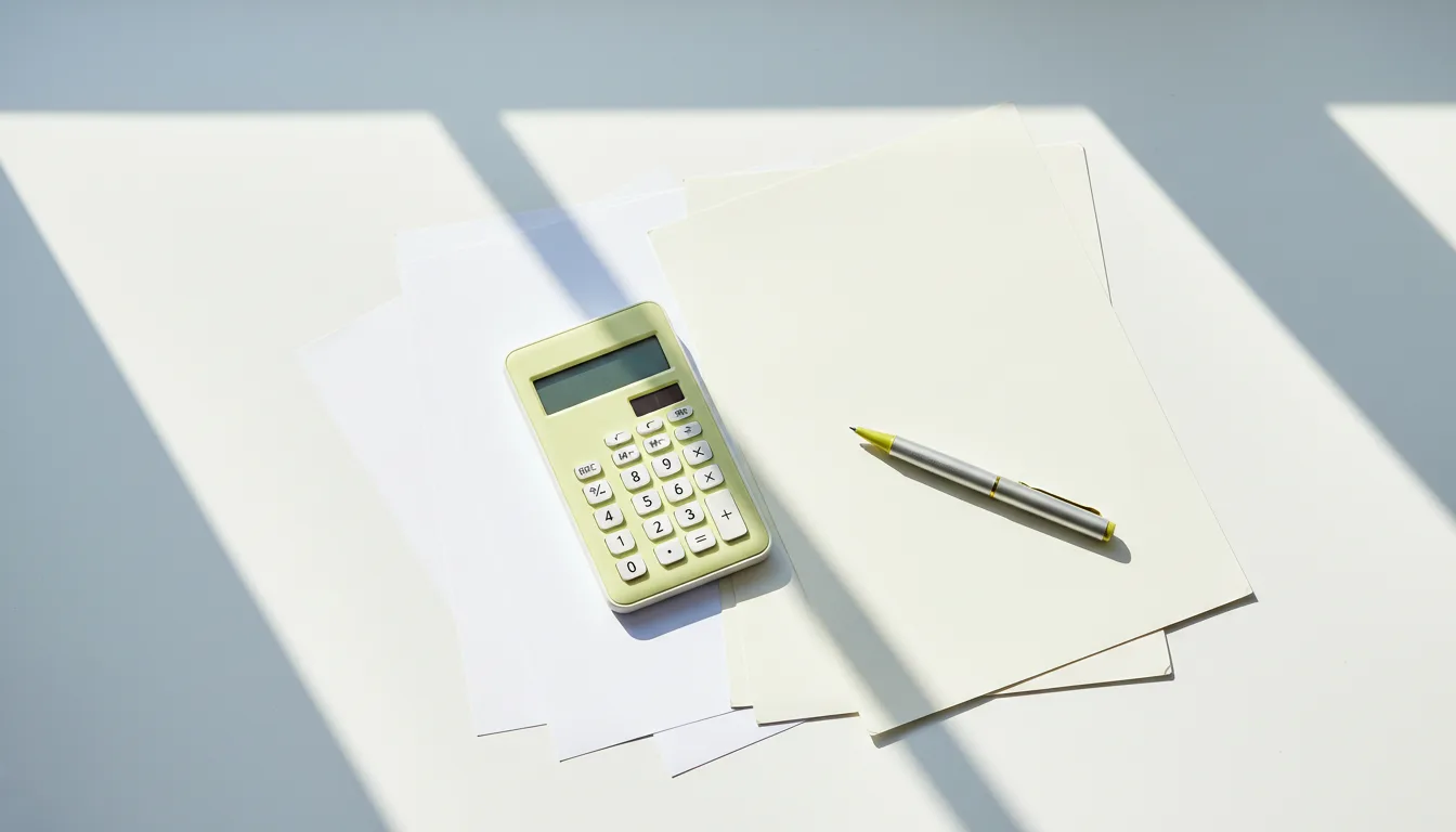 Calculatrice et stylo posés sur des papiers