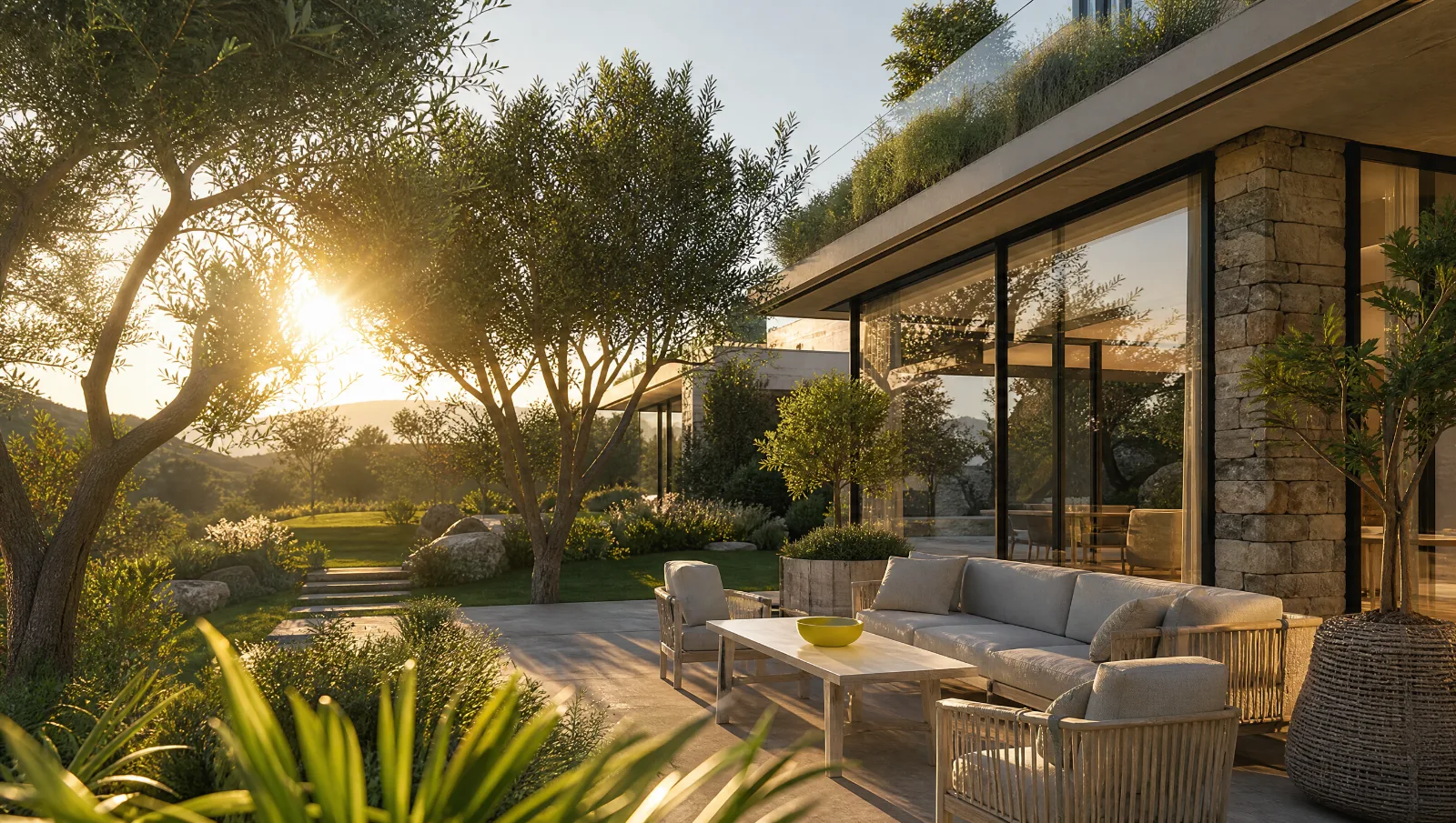 Terrasse de villa au coucher du soleil