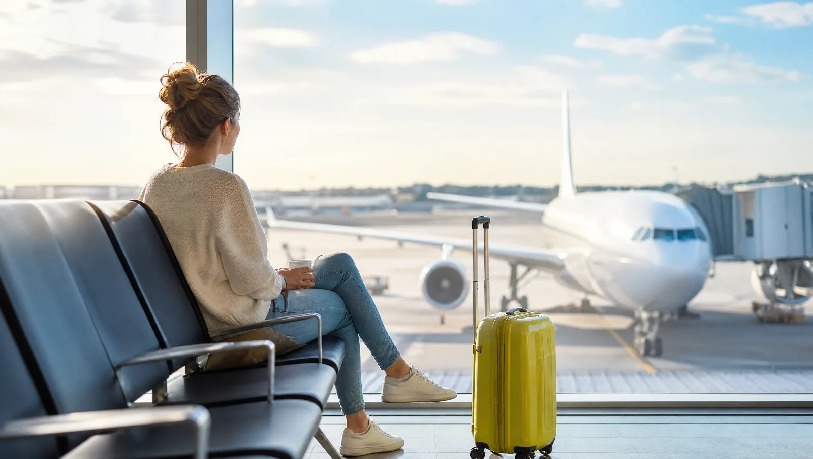 Femme dans un aéroport avec sa valise face aux avions