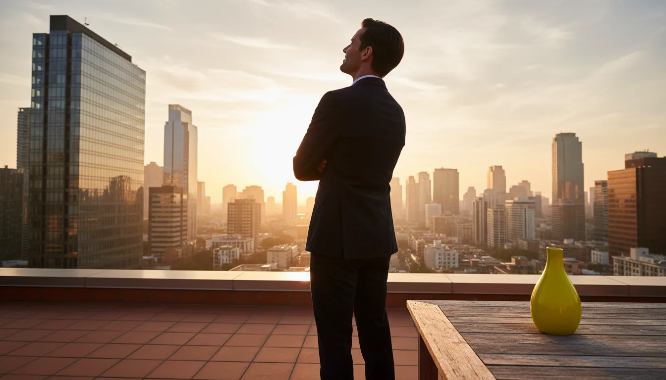 Homme contemplant la ville au coucher du soleil