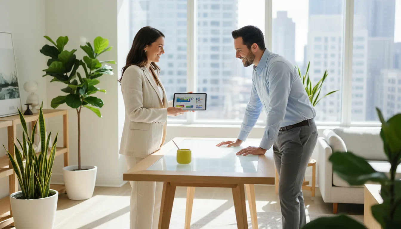 Deux collaborateurs debout dans un bureau lumineux
