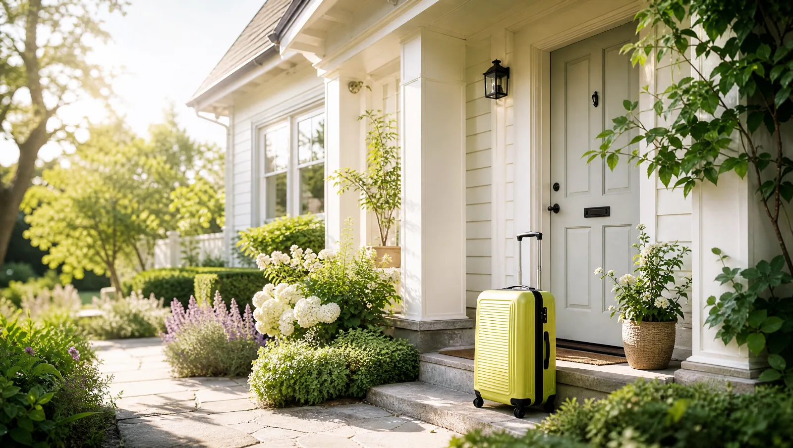 Maison blanche à l'entrée fleurie avec une valise