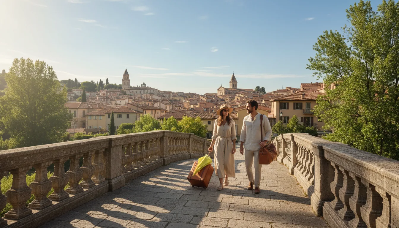 Couple se promenant sur une terrasse en pierre dans une ville ancienne