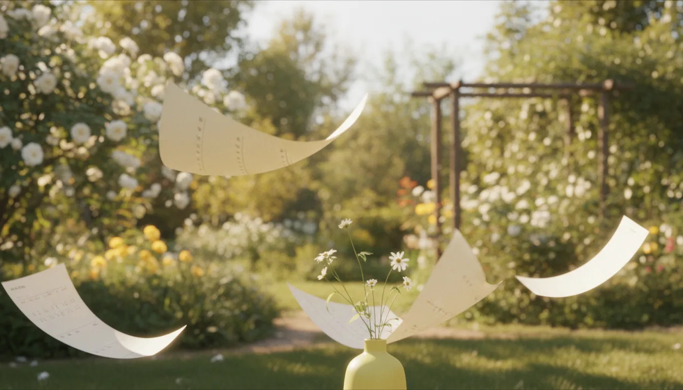 Feuilles de papier emportées par le vent dans un jardin fleuri