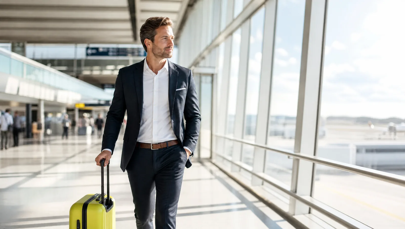 Homme d'affaires avec une valise dans un aéroport
