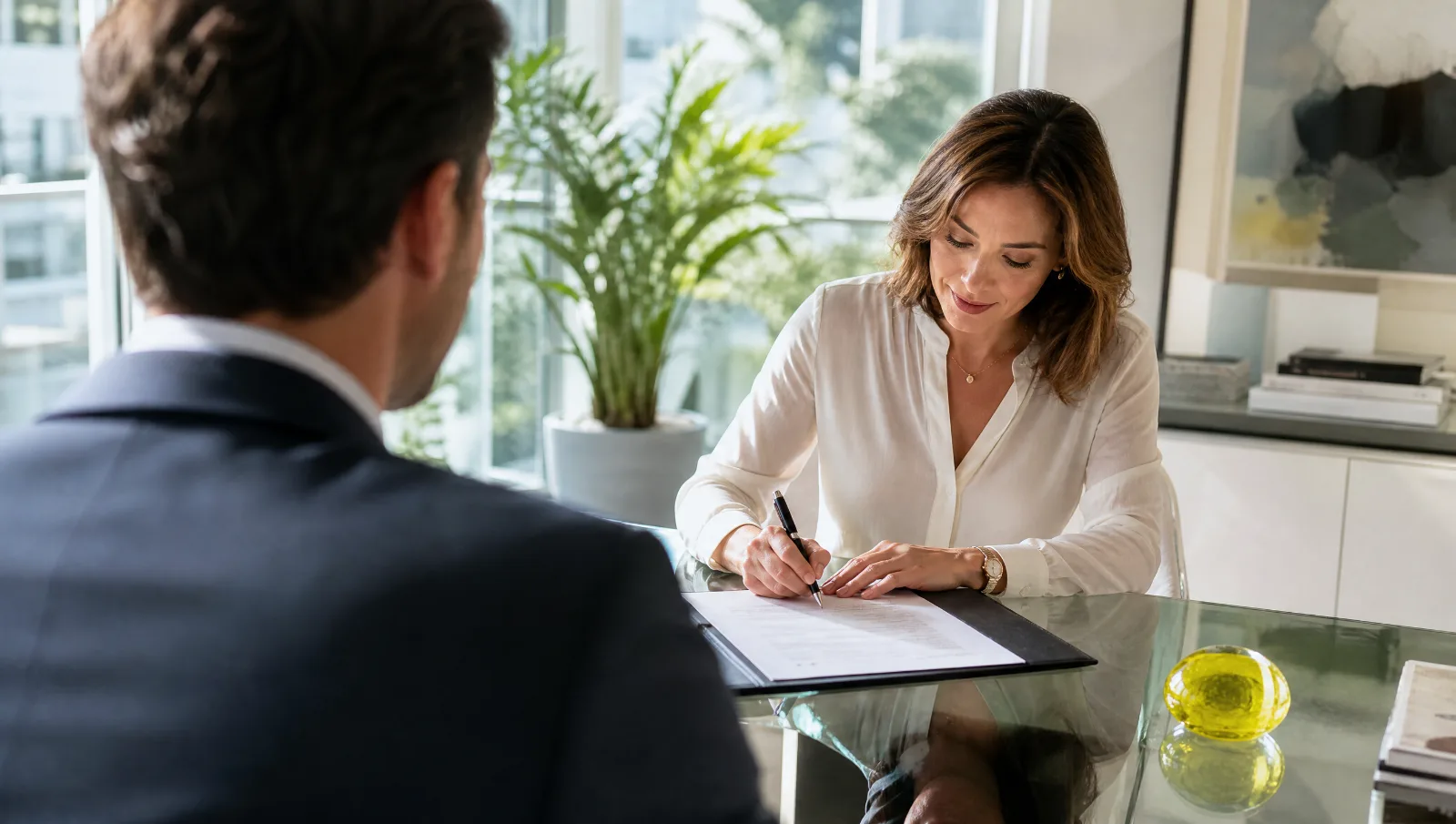 Entretien entre un conseiller et une cliente dans un bureau lumineux