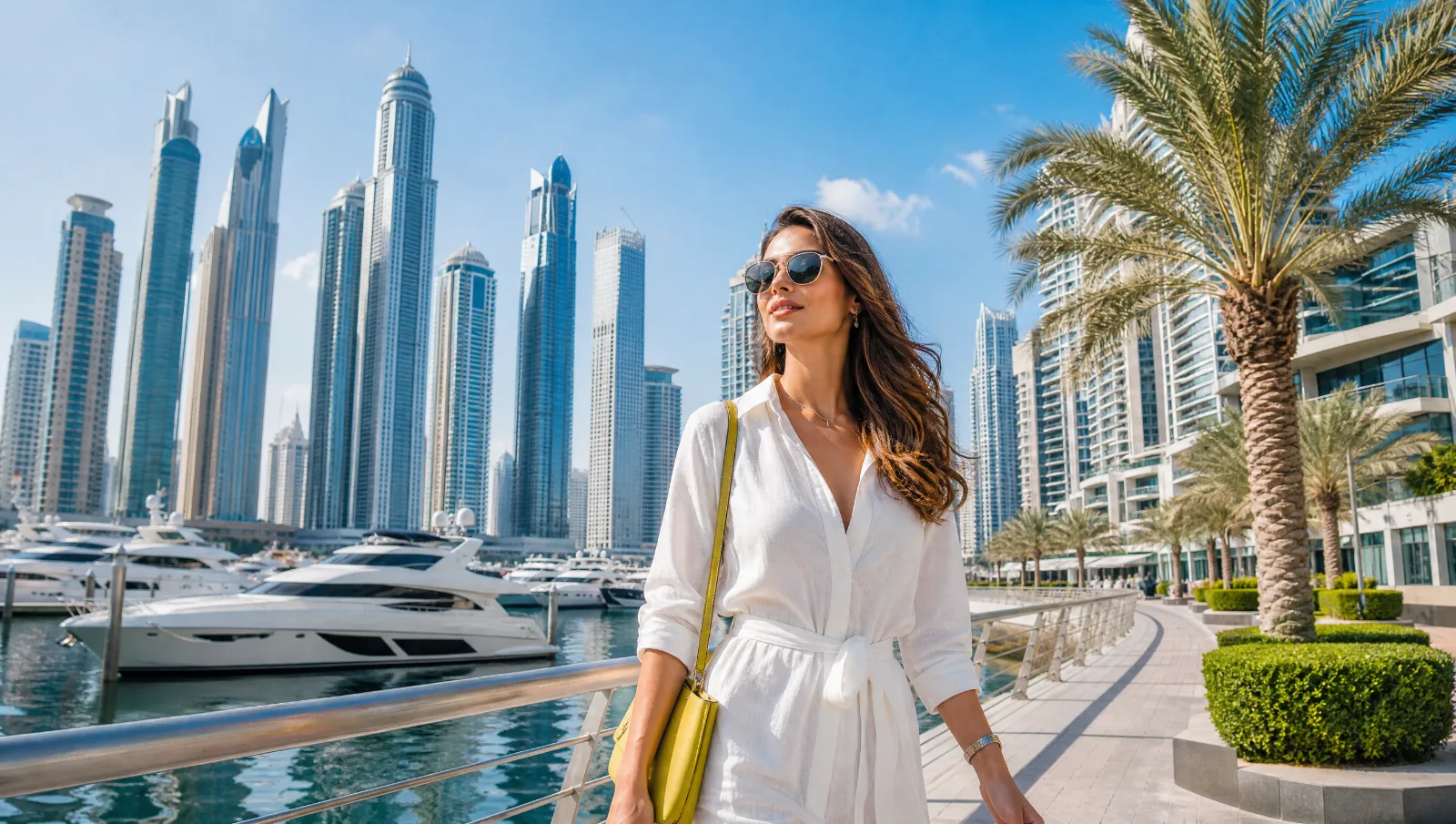 Femme devant la marina de Dubaï
