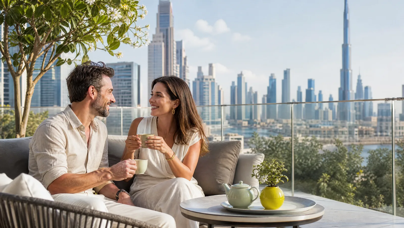 Couple sur un balcon avec vue sur les gratte-ciel de Dubaï