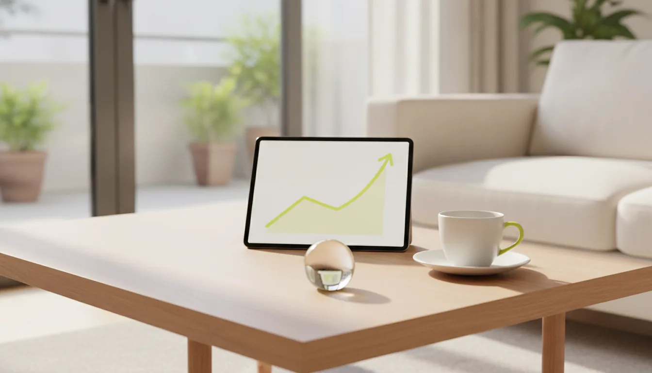 Tablette affichant un graphique posée sur une table basse