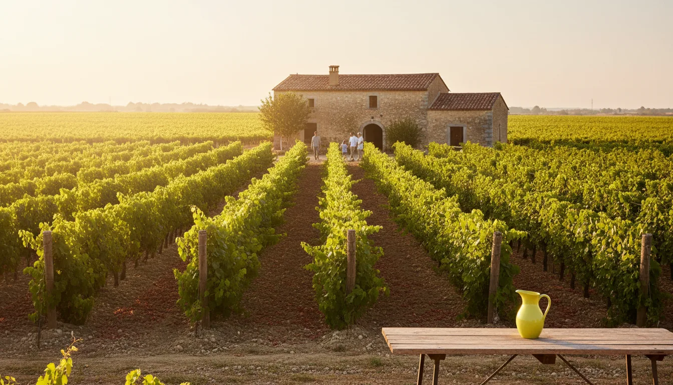 Domaine viticole et vignes au soleil couchant