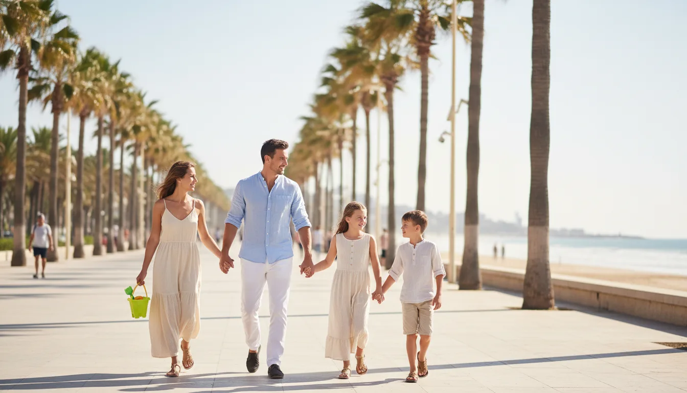 Famille se promenant sous les palmiers
