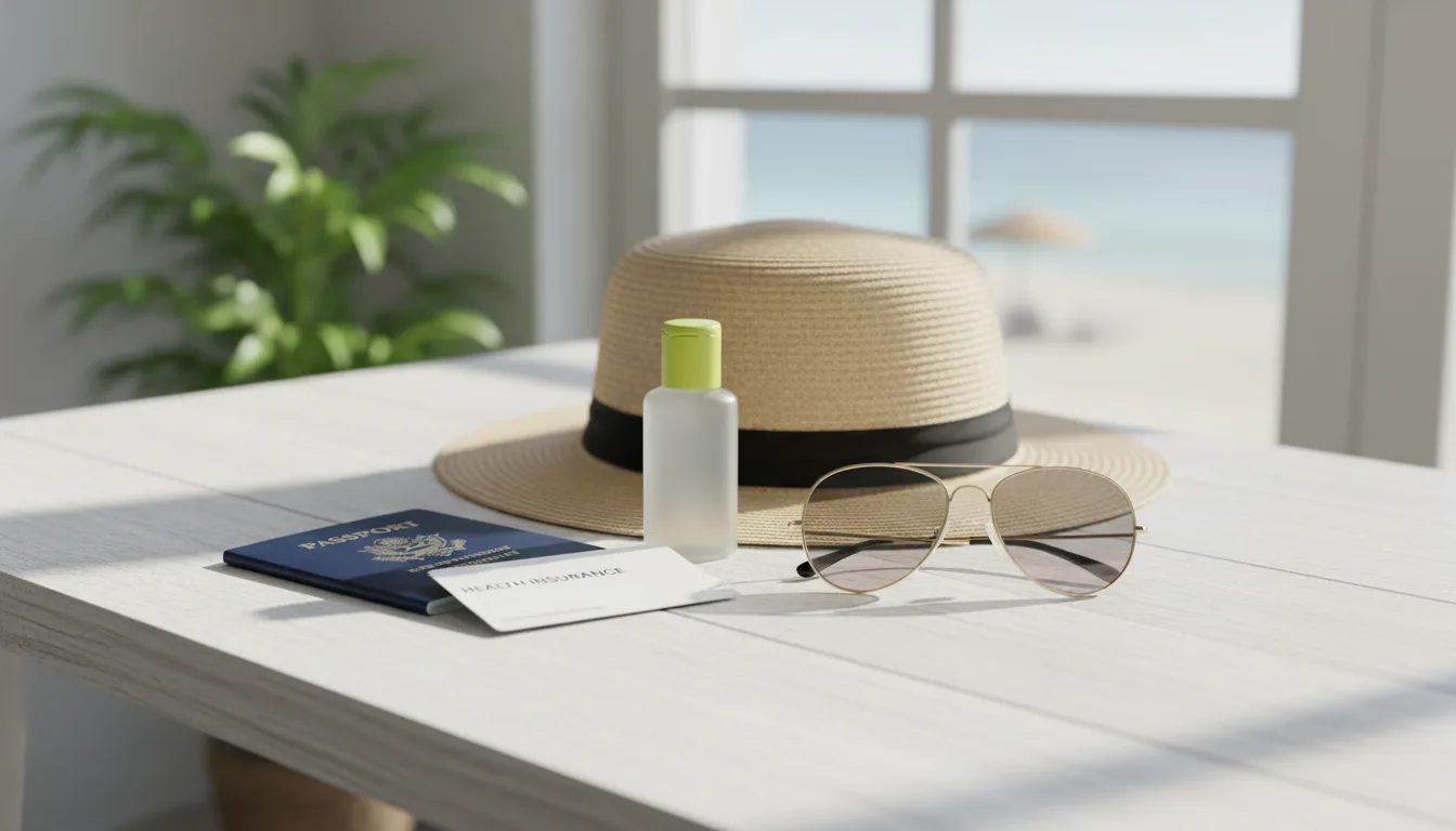 Chapeau de paille, passeport et lunettes de soleil sur une table