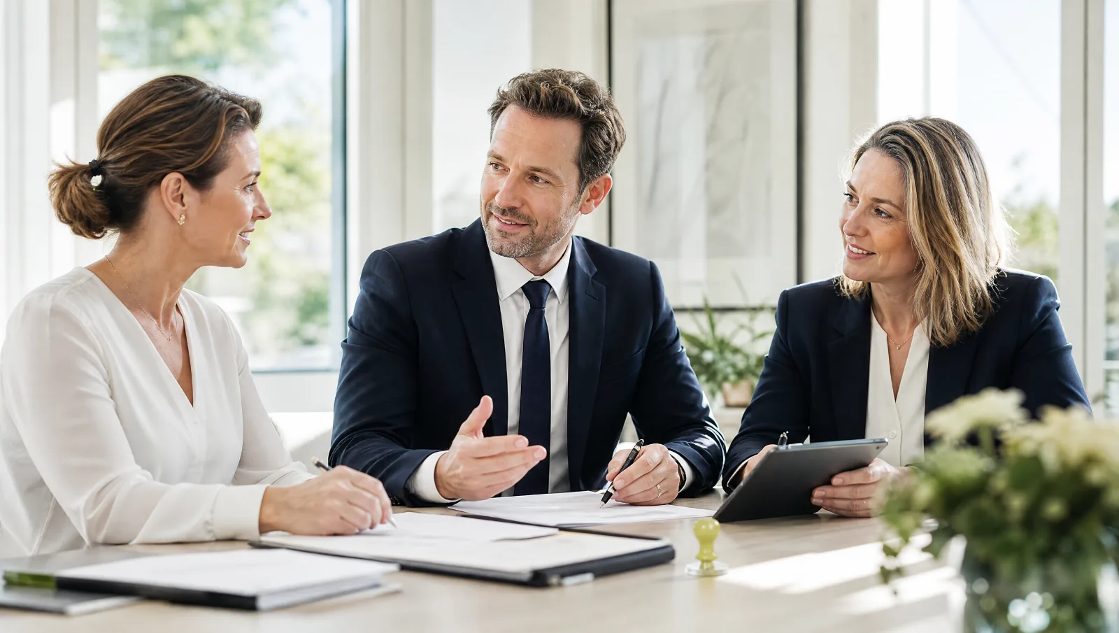 Trois conseillers réunis autour d'une table de travail