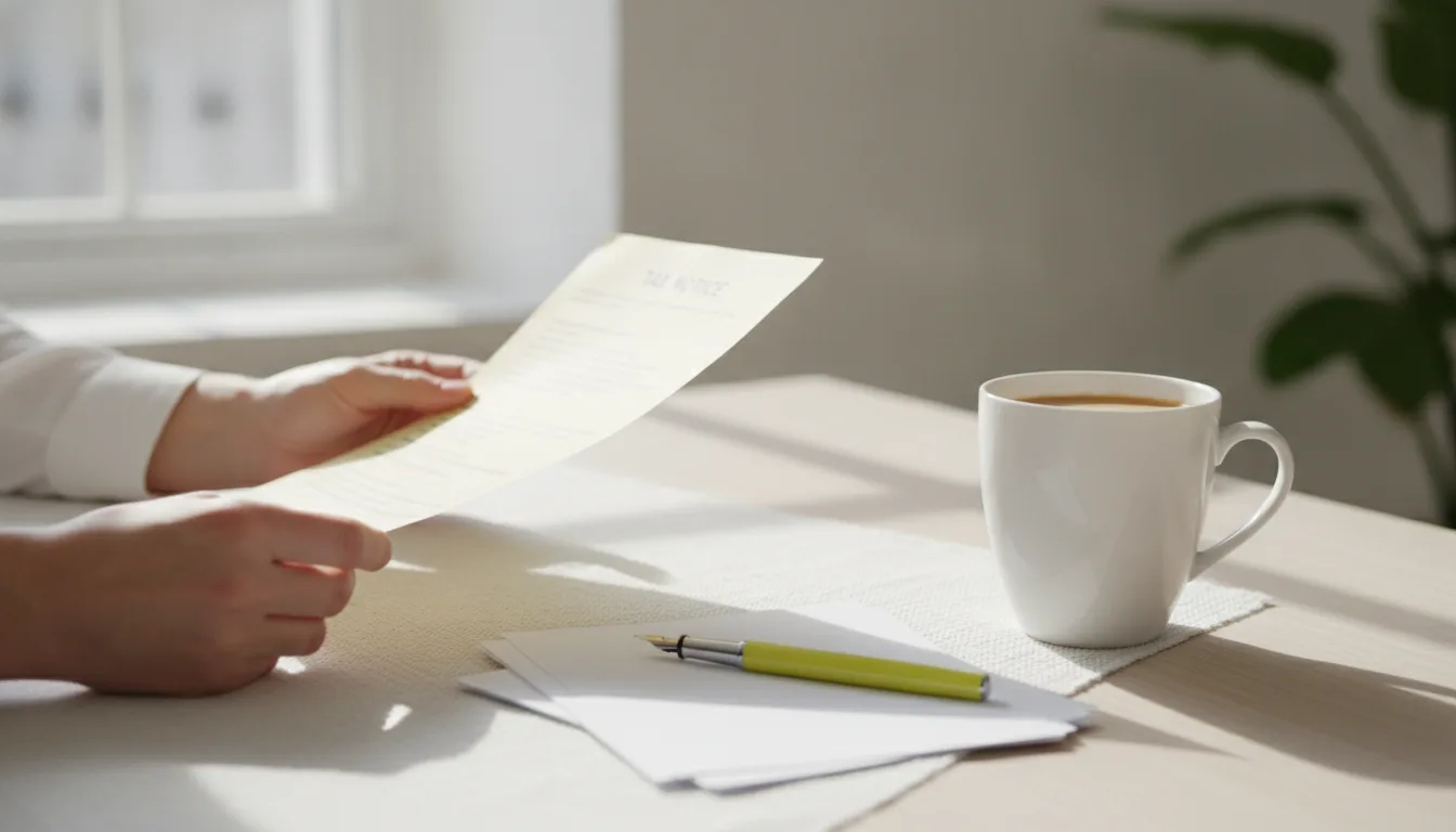 Main tenant un document près d'une tasse de café