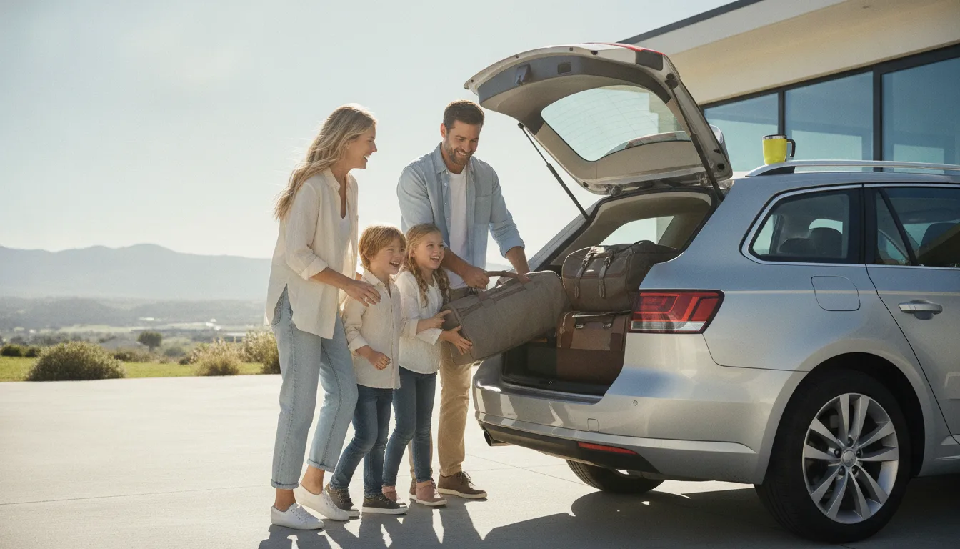 Famille devant le coffre d'une voiture au bord de la mer