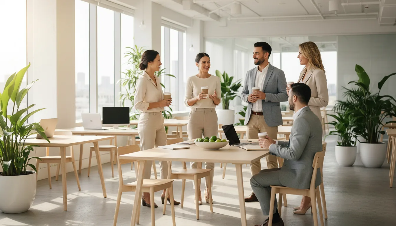 Équipe réunie dans un espace de bureau ouvert et lumineux