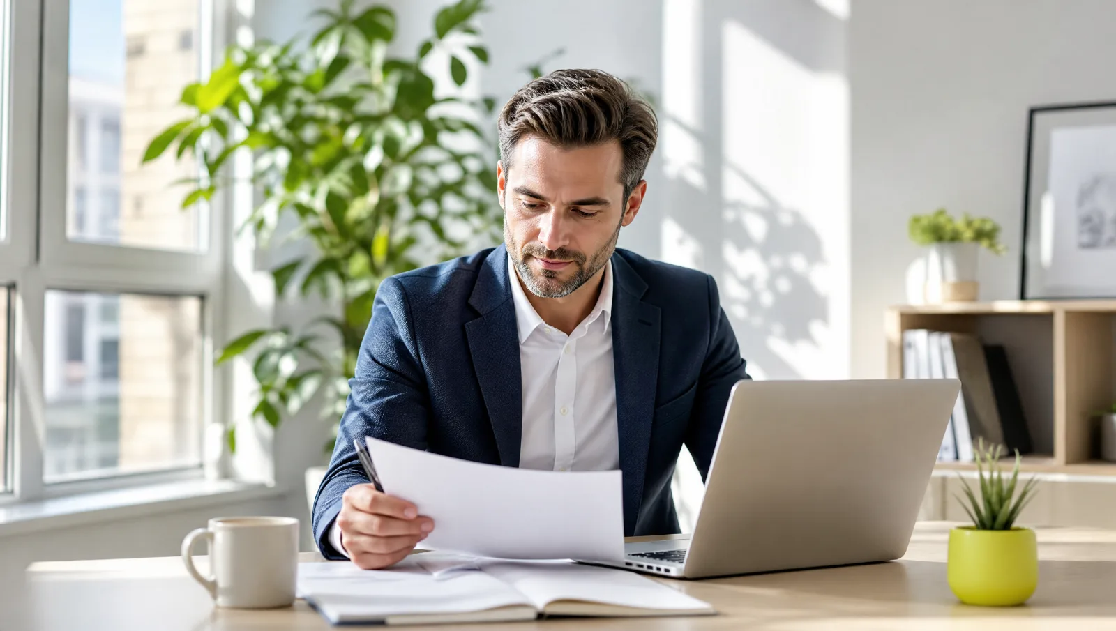 Homme d'affaires en costume avec ordinateur portable et documents
