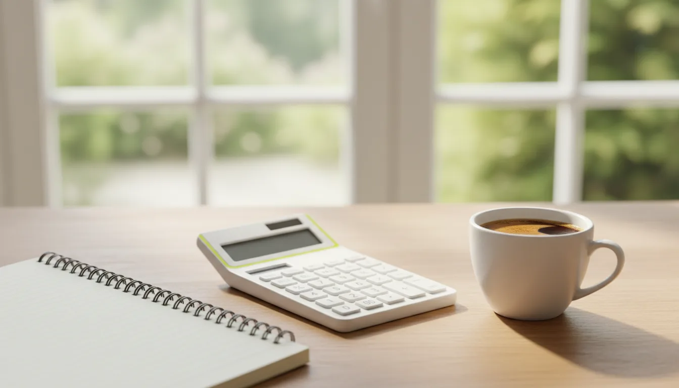 Carnet, calculatrice et tasse de café sur un bureau
