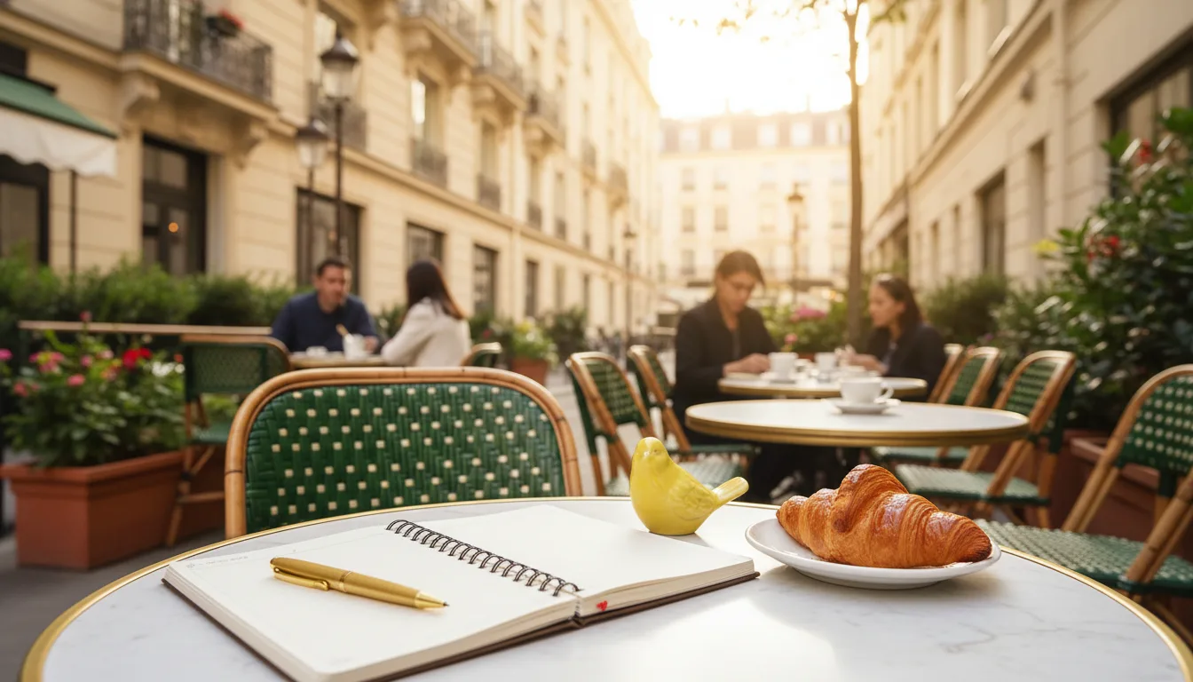 Terrasse de café parisienne avec carnet et viennoiserie