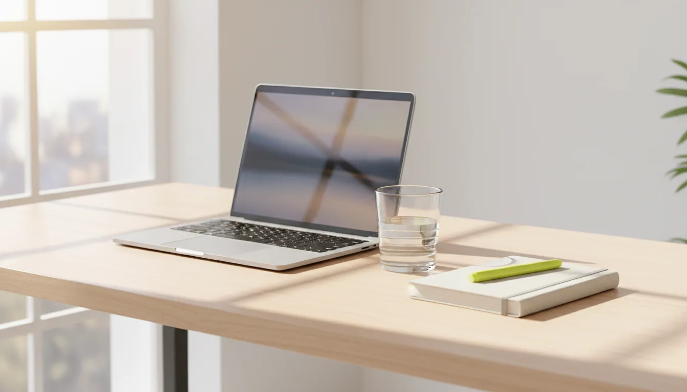 Ordinateur portable sur un bureau clair près d'une fenêtre