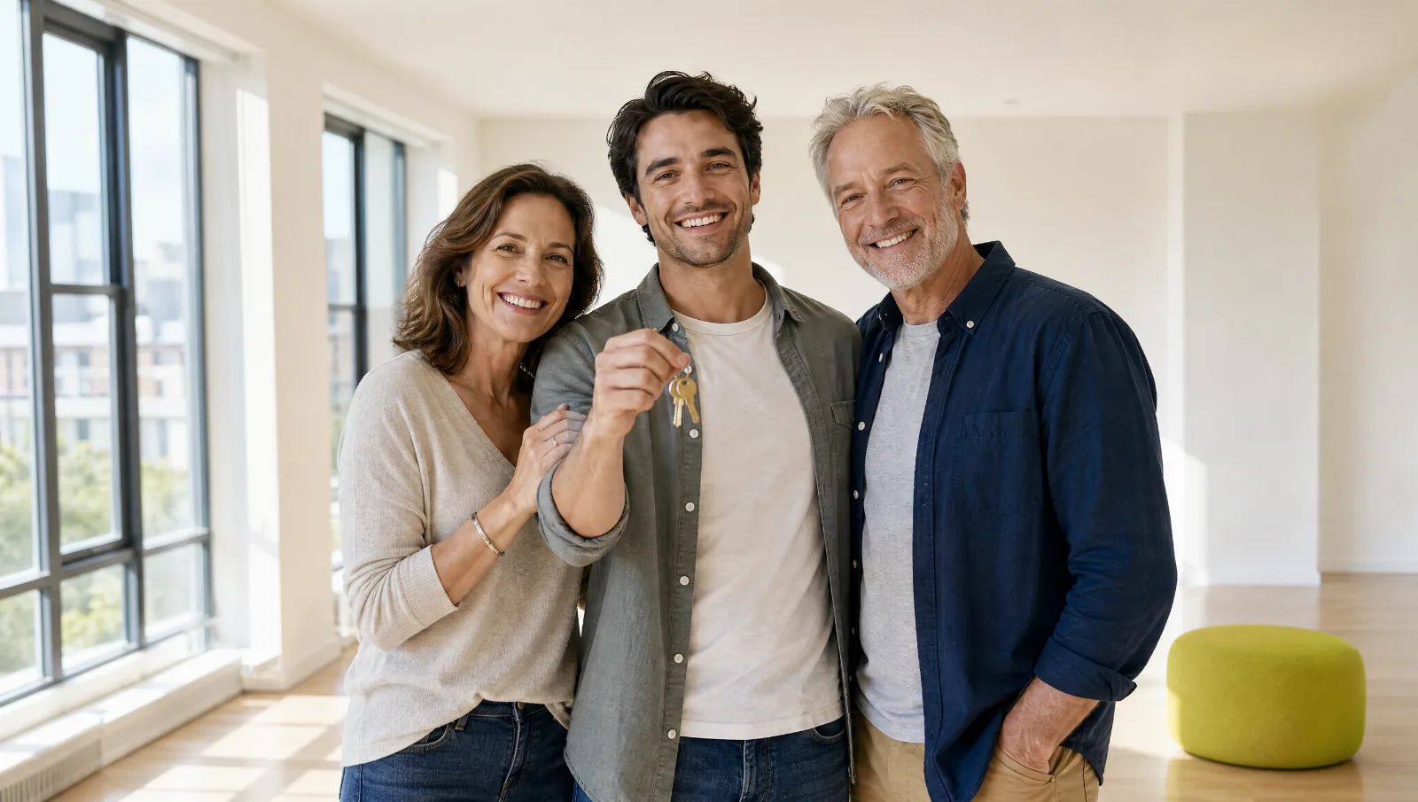 Famille souriante dans un salon lumineux