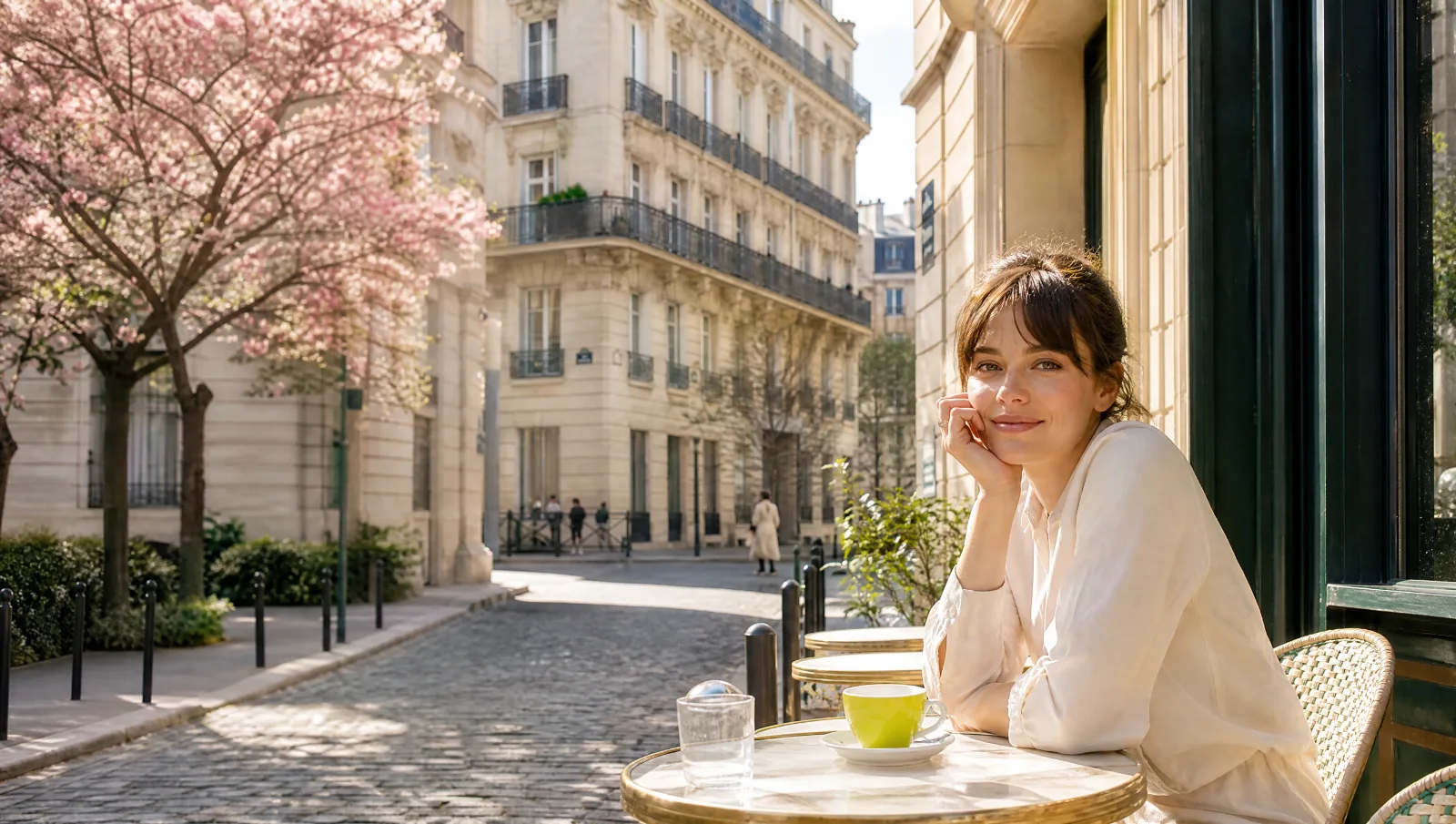 Femme attablée à une terrasse dans une rue de cerisiers en fleurs