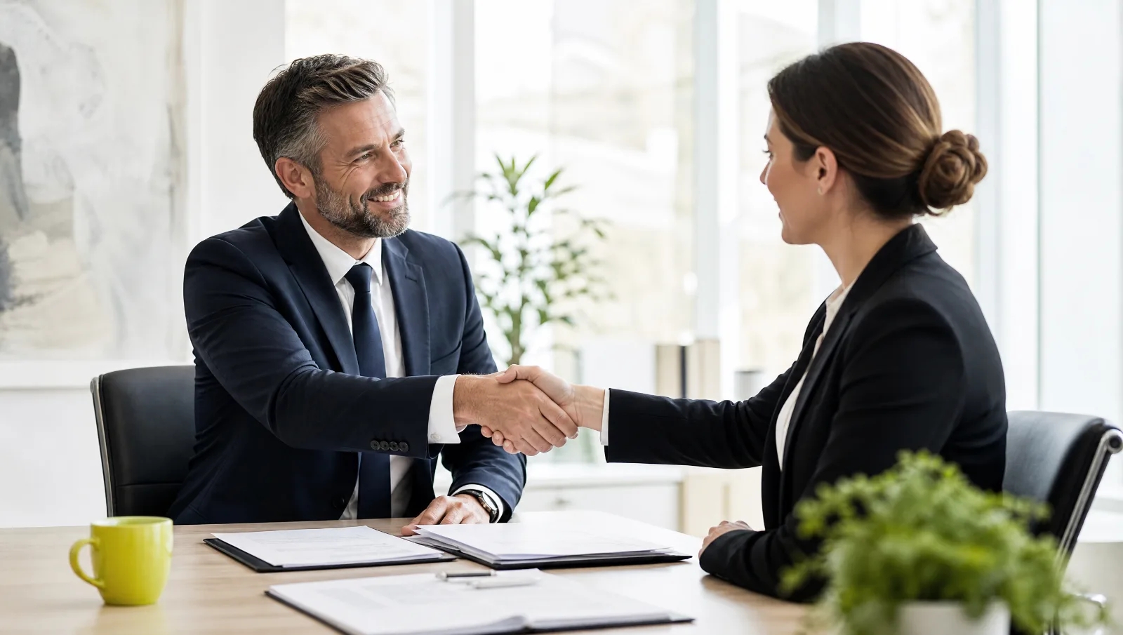 Poignée de main entre deux professionnels dans un bureau