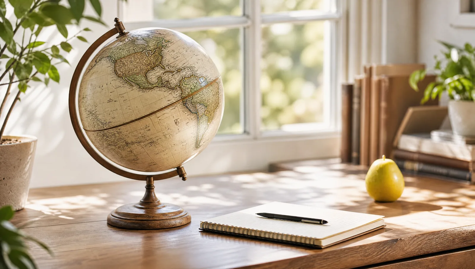 Globe terrestre sur un bureau près d'une fenêtre